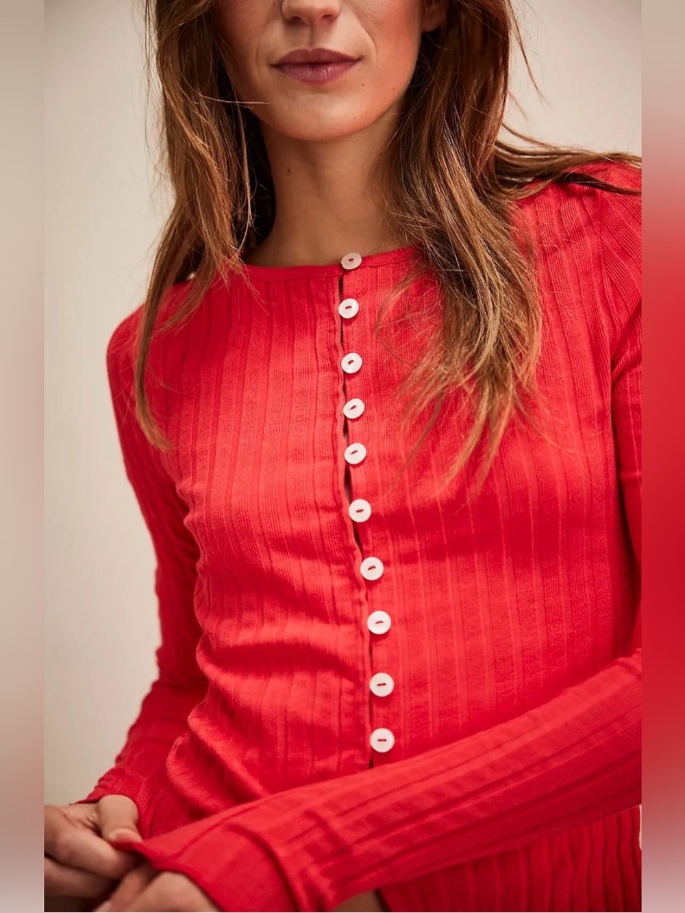 Free People Cardigan Sweater Tilly Long Sleeve Risk Red Ribbed Button Down TopXS